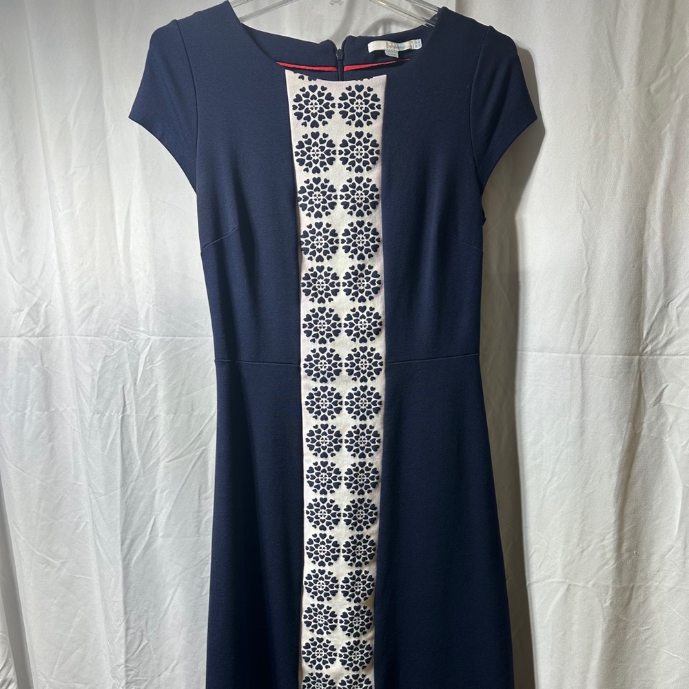 Elegant Boden Navy Blue Dress with Floral Hem